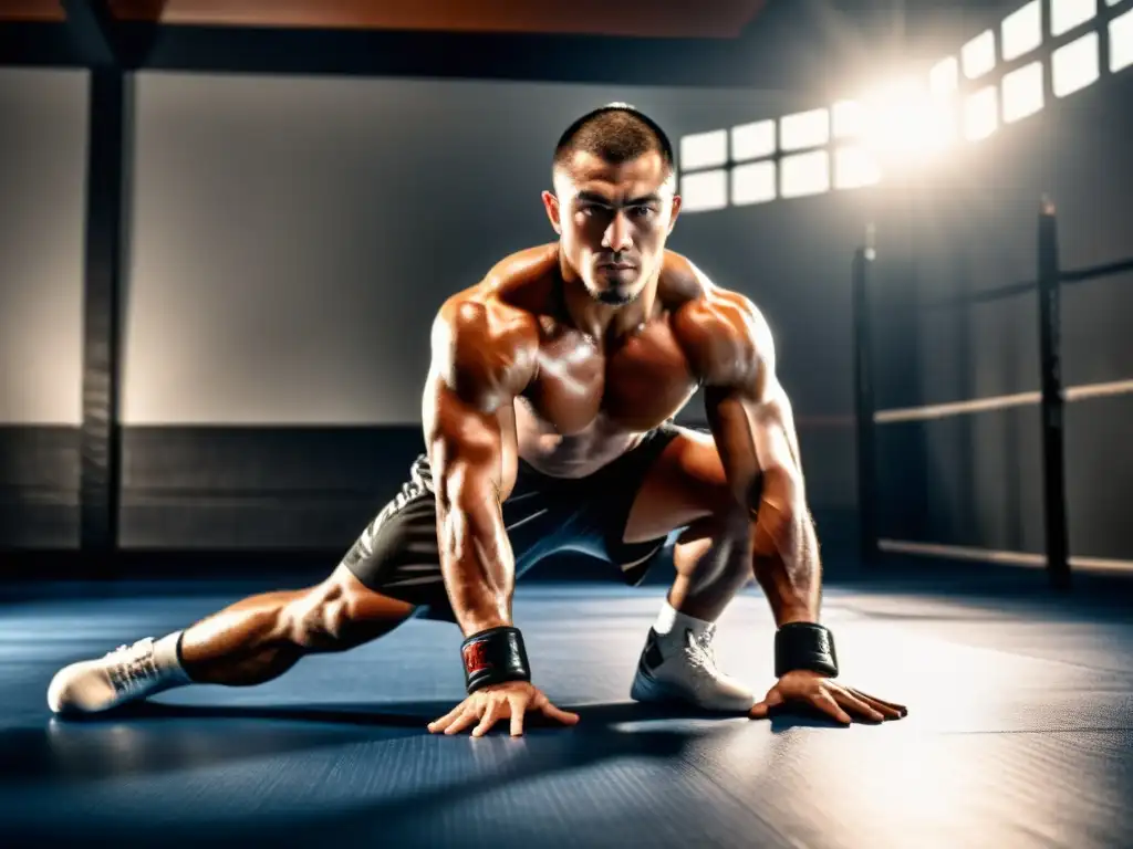 Un luchador de MMA profesional realiza un estiramiento de espalda completa en el suelo del gimnasio, mostrando concentración y determinación