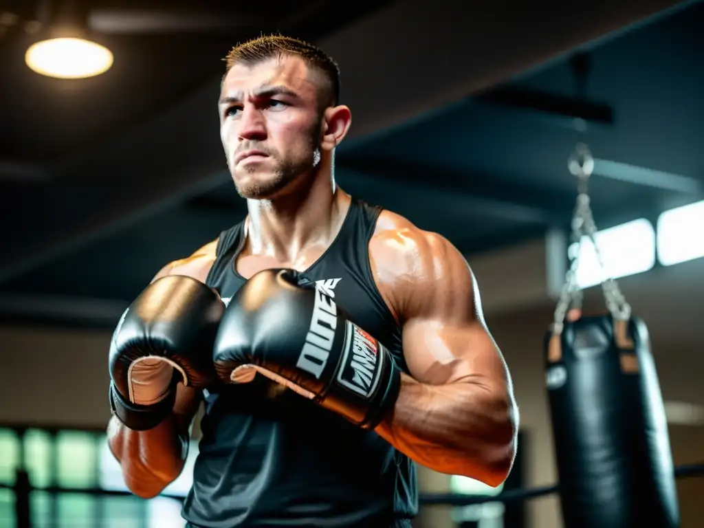 Un luchador de MMA profesional practica con determinación en un gimnasio oscuro