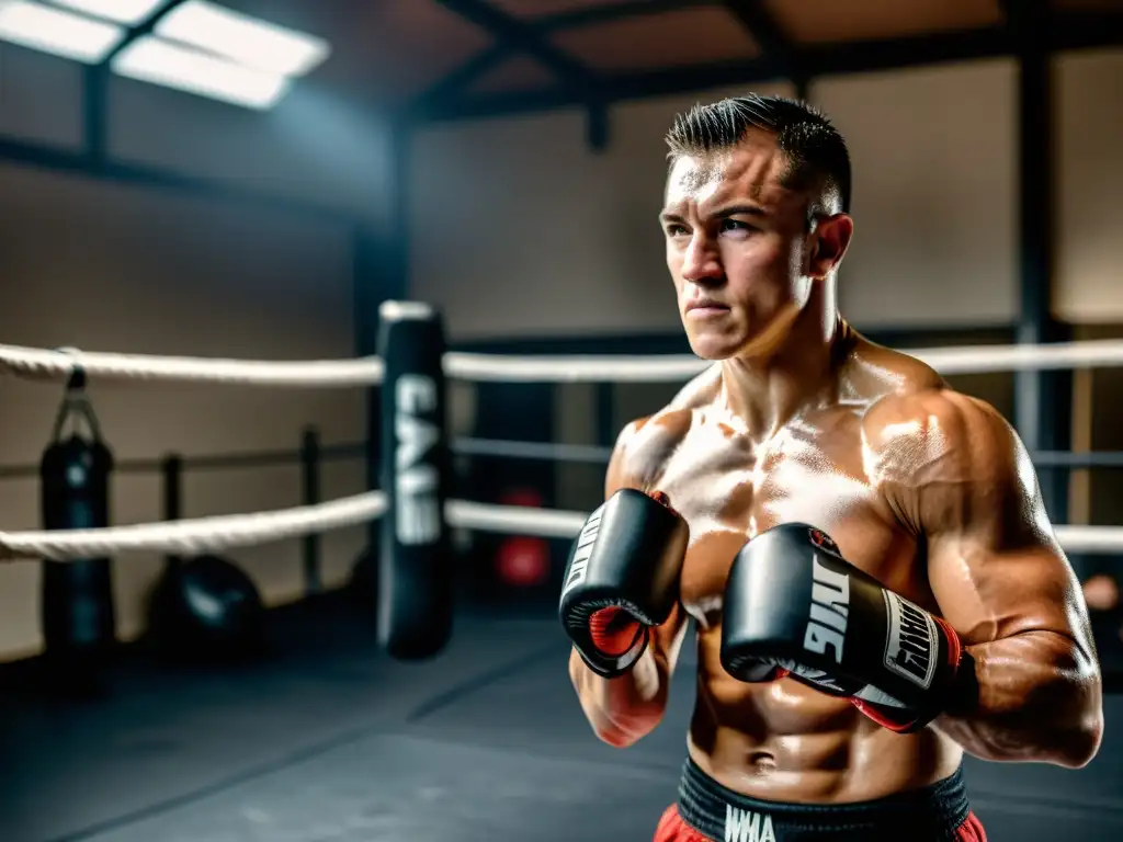 Un luchador de MMA profesional se entrena en un gimnasio oscuro y áspero, rodeado de equipo de entrenamiento intenso y entrenadores enfocados