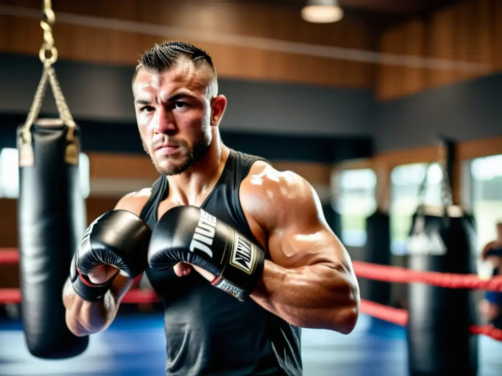 Un luchador de MMA profesional se prepara con intensidad en el gimnasio, mostrando determinación y compañerismo