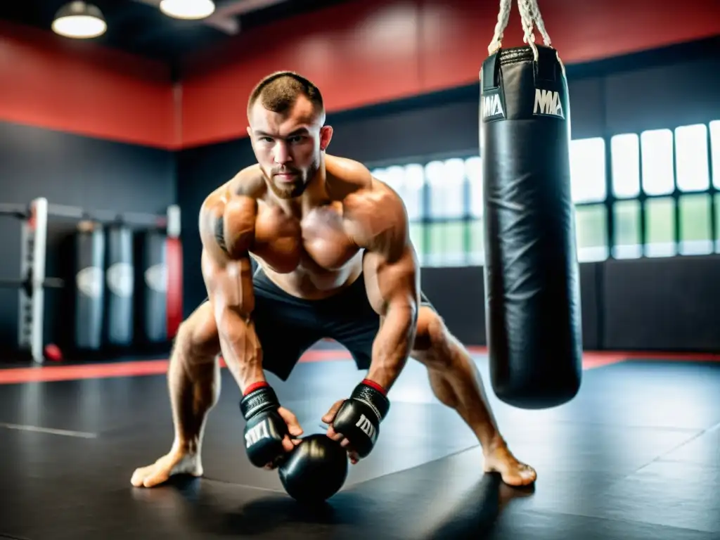 Un luchador de MMA profesional mostrando sus mejores movimientos de footwork en el gimnasio, con determinación y enfoque intensos en su rostro