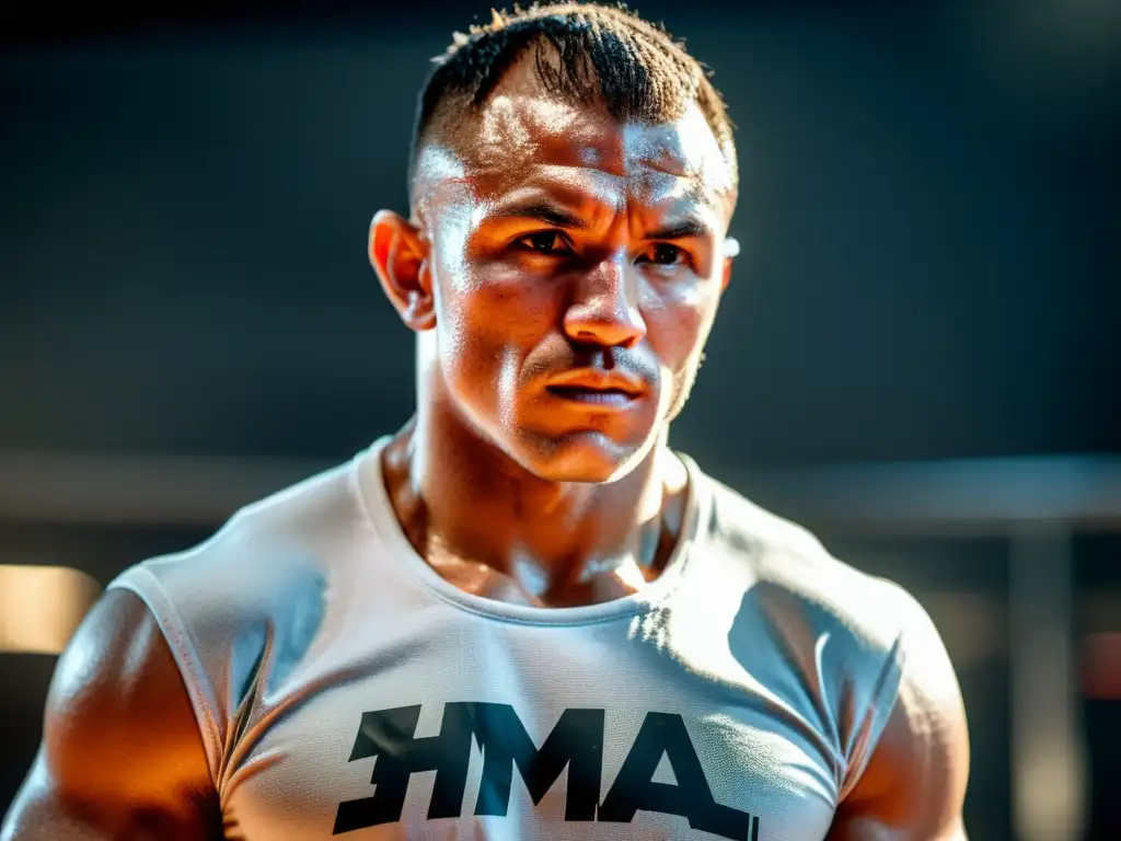 Un luchador de MMA profesional se prepara para la pelea, con una camiseta oficial de alta calidad y el logo destacado