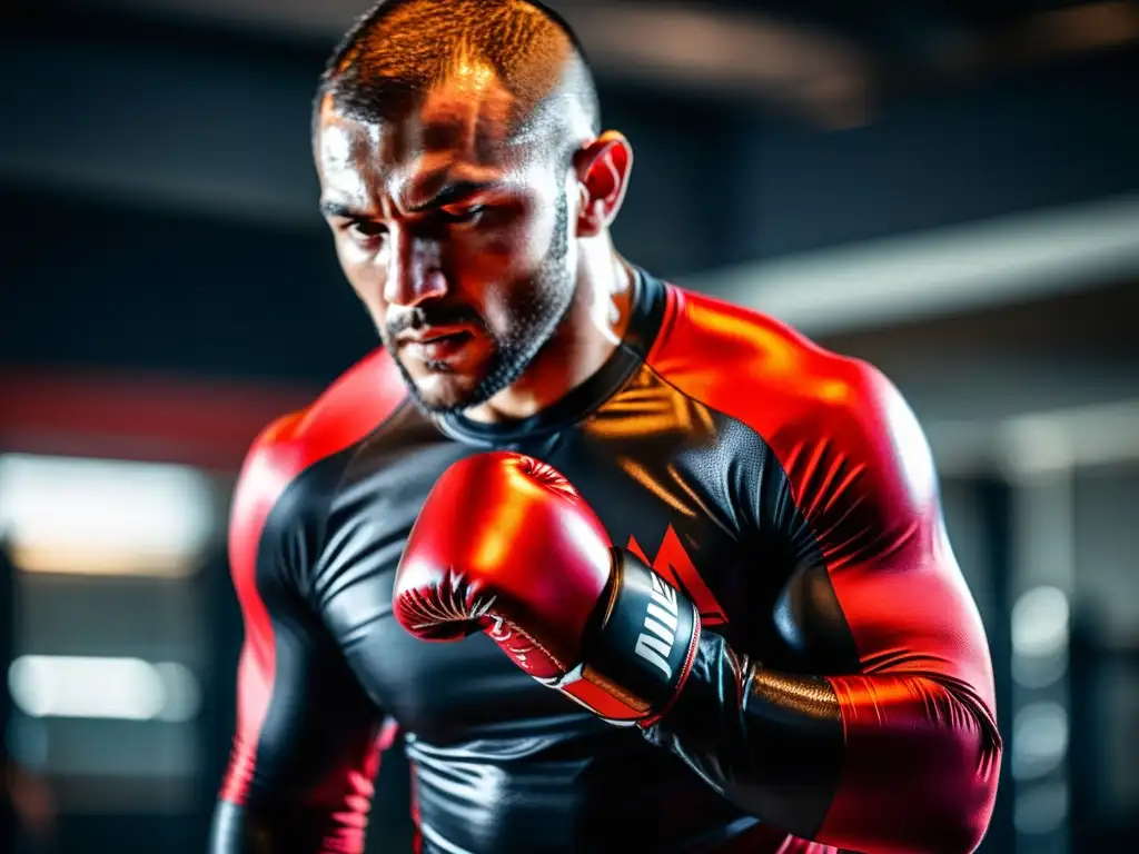 Un luchador de MMA profesional en un rashguard negro y rojo ejecutando un potente roundhouse kick en un gimnasio atmosférico