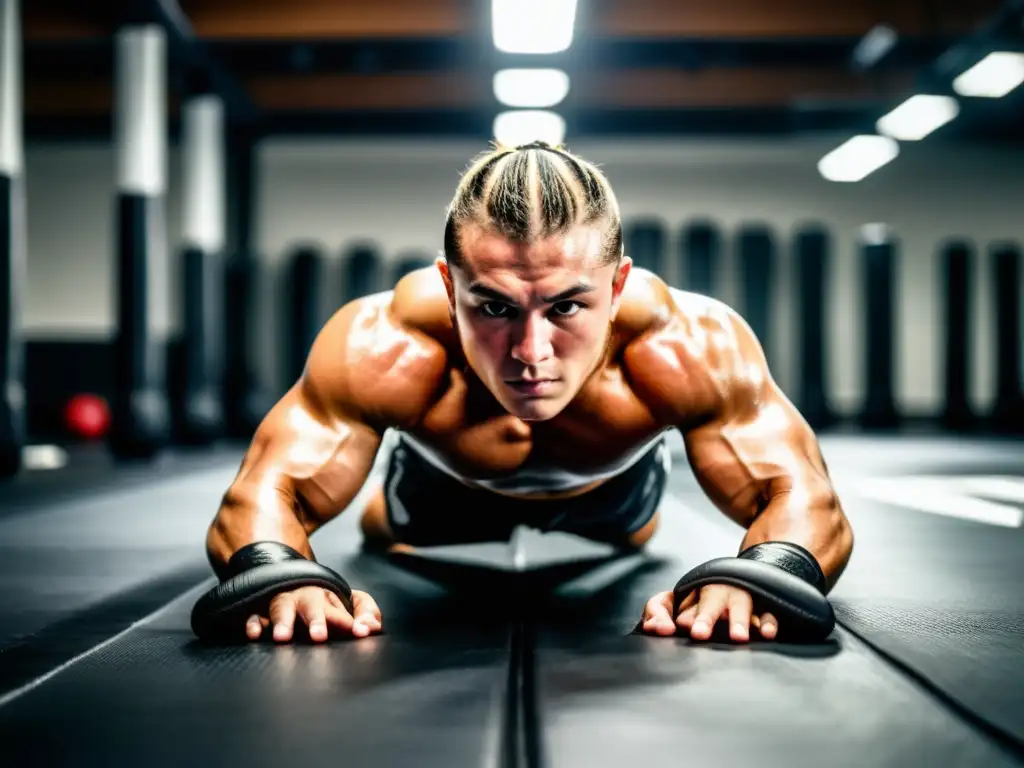 Un luchador de MMA profesional se estira en el suelo del gimnasio con intensa determinación