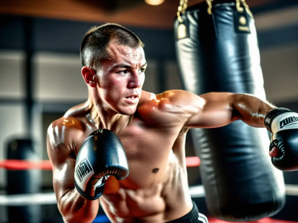 Un luchador de MMA profesional ejecuta técnicas avanzadas de striking con determinación, en un intenso entrenamiento en el gimnasio