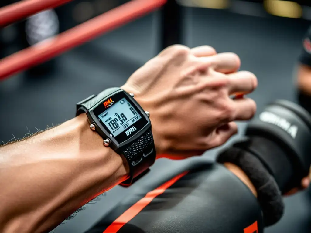 Un luchador de MMA con pulsera de actividad, reflejo del esfuerzo y determinación en el entrenamiento