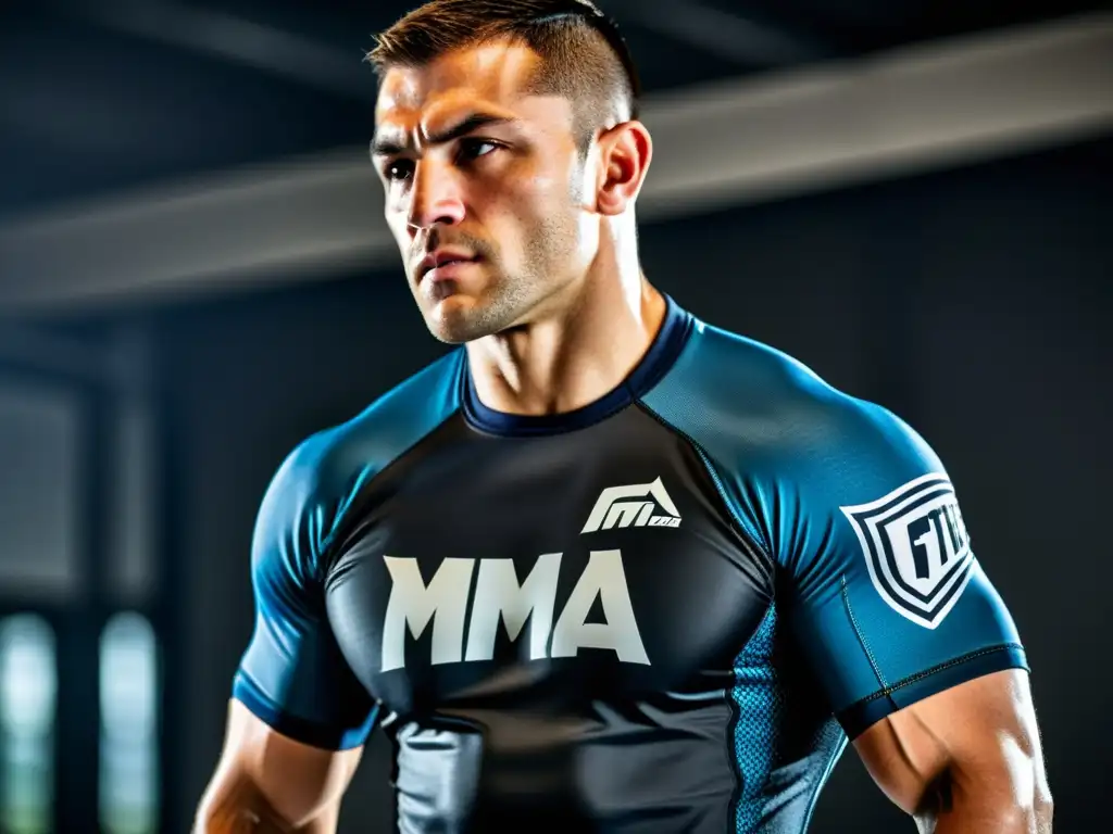 Un luchador de MMA de élite en acción, luciendo un rashguard de primer nivel
