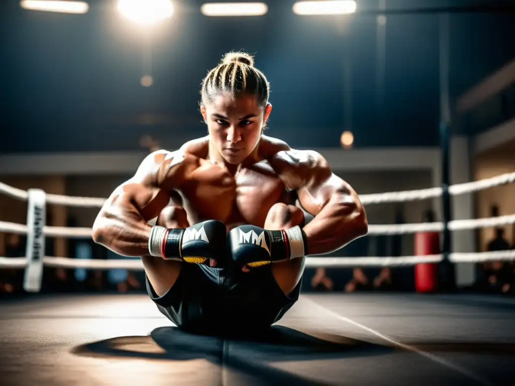 Un luchador de MMA ejecutando un split perfecto, con intensa concentración y músculos visiblemente tensos mientras alcanza la máxima flexibilidad