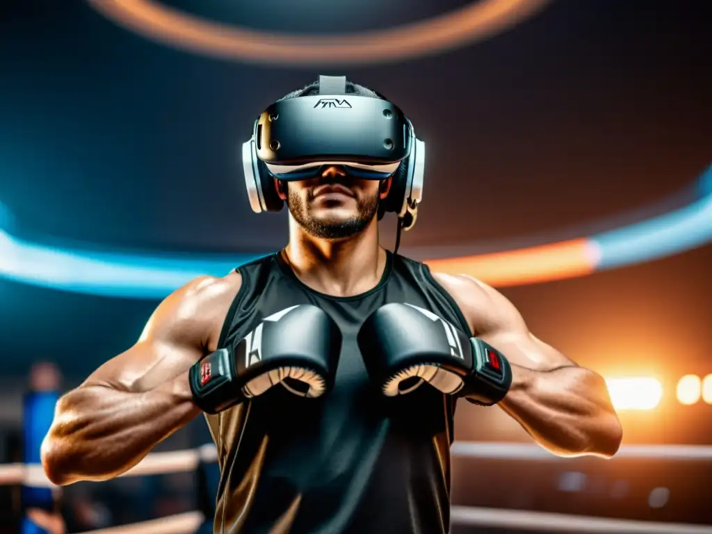 Un luchador de MMA en RV ejecuta una técnica precisa en un ambiente virtual futurista, mostrando el entrenamiento de MMA en realidad virtual