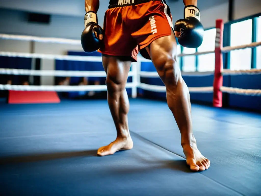 Un luchador de Muay Thai muestra sus desplazamientos con intensidad y determinación, resaltando la fuerza y precisión de su técnica