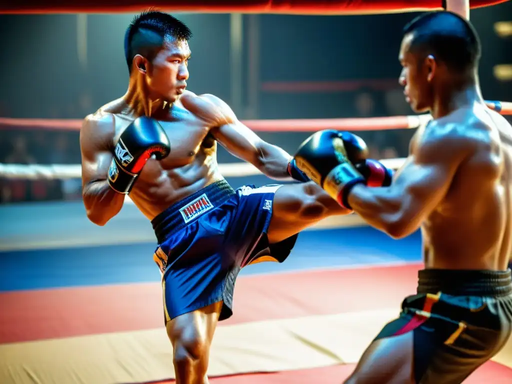 Un luchador de Muay Thai muestra desplazamientos perfectos en el gimnasio, con intensidad y dedicación palpables