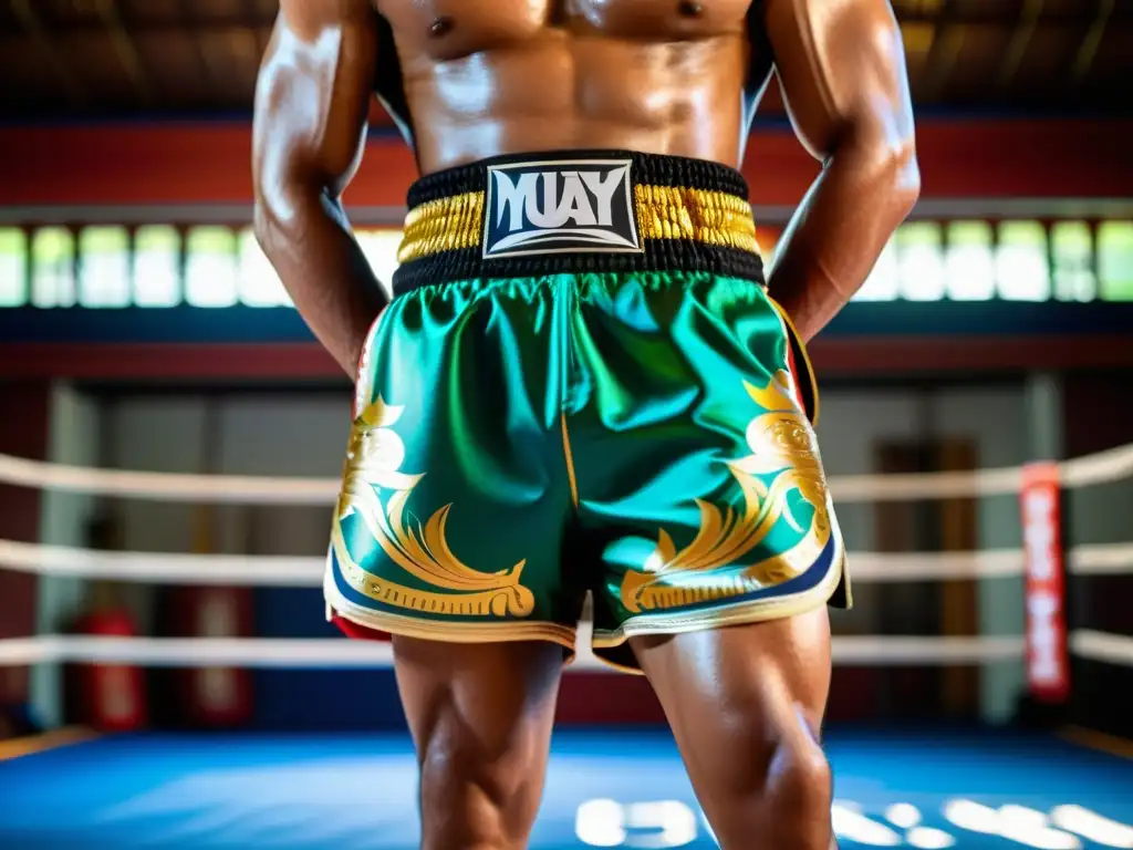 Un luchador de Muay Thai en un gimnasio tradicional tailandés con los mejores shorts Muay Thai competencia, mostrando fuerza y dinamismo