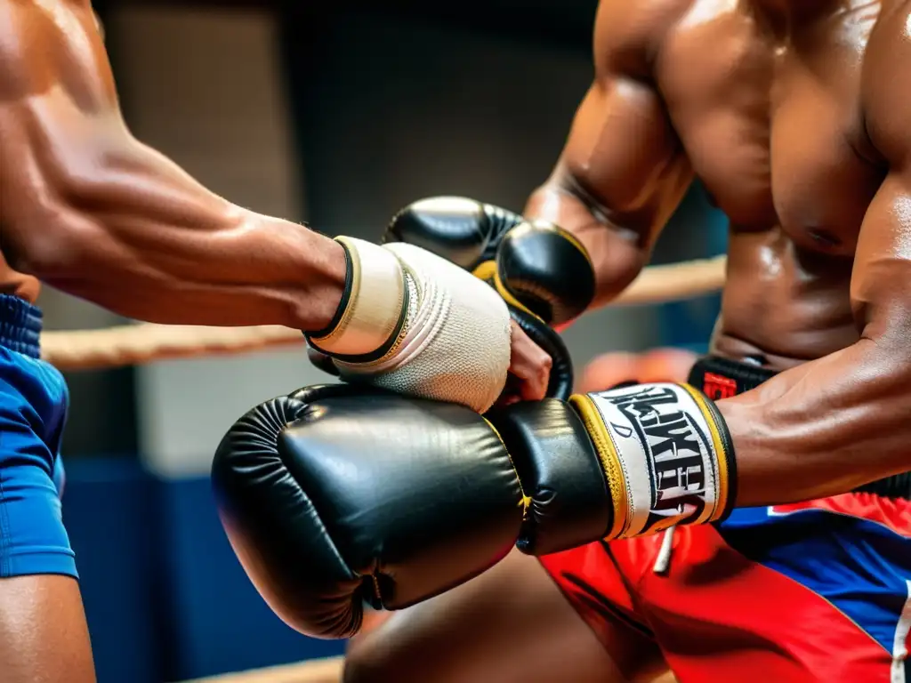 Un luchador de Muay Thai ata con determinación unos guantes desgastados, resaltando la importancia del equipo y la preparación para el rendimiento