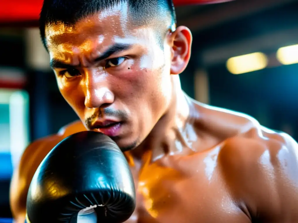 Un luchador de Muay Thai concentradísimo en un intenso entrenamiento físico y mental, mostrando preparación mental para Muay Thai