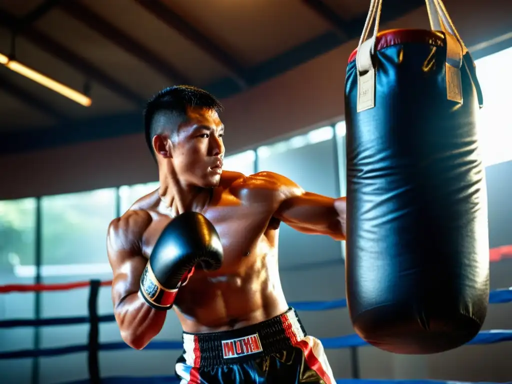 Entrenamiento intenso de Muay Thai: fuerza y determinación Un luchador de Muay Thai realiza intensos entrenamientos cardiovasculares, mostrando determinación y fuerza física