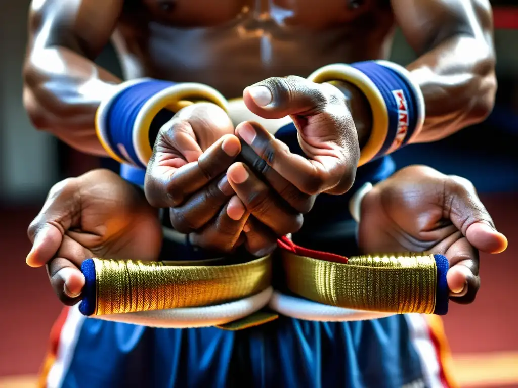 Un luchador de Muay Thai con las manos envueltas en vendas tradicionales tailandesas, listo para el entrenamiento