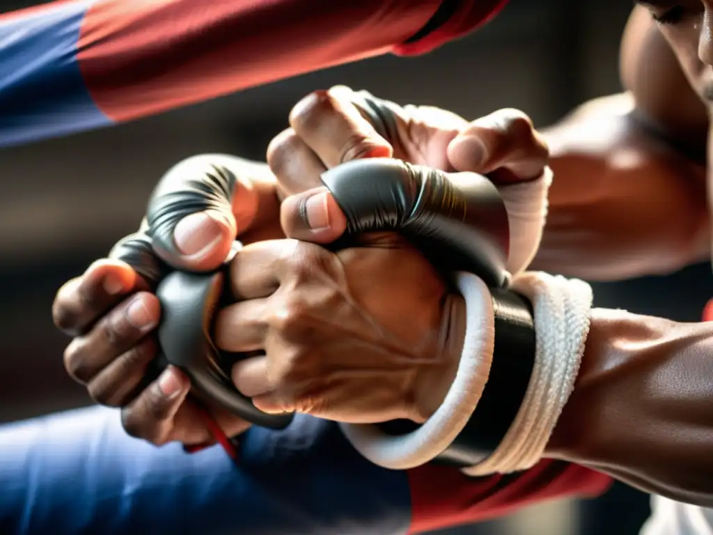 Un luchador de Muay Thai envuelve sus manos con vendas tradicionales, resaltando la disciplina y tradición del deporte