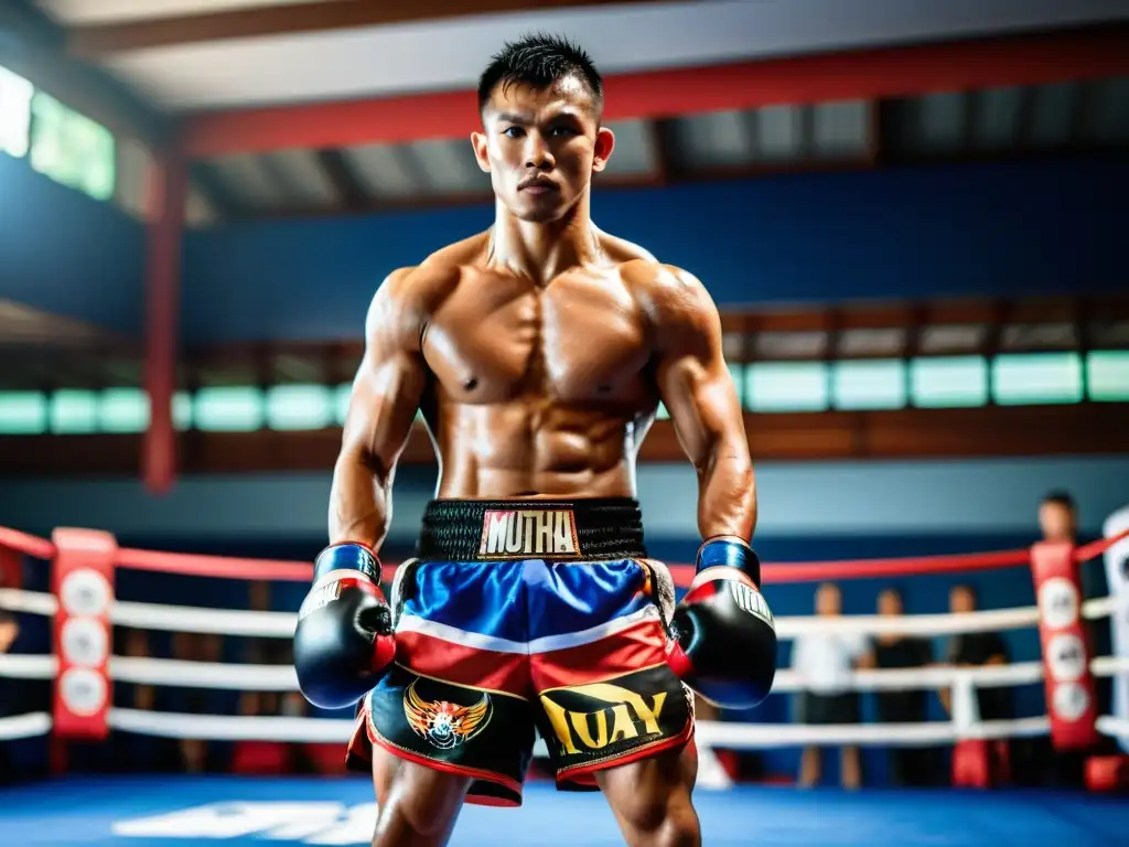 Un luchador de Muay Thai con los mejores shorts Muay Thai competencia, en un intenso entrenamiento rodeado de compañeros y entrenadores