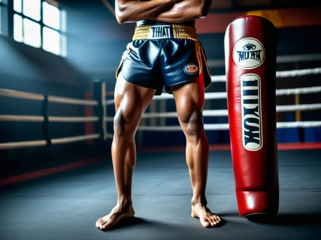 Un luchador de Muay Thai con los mejores shin guards, entrenando en un gimnasio atmosférico