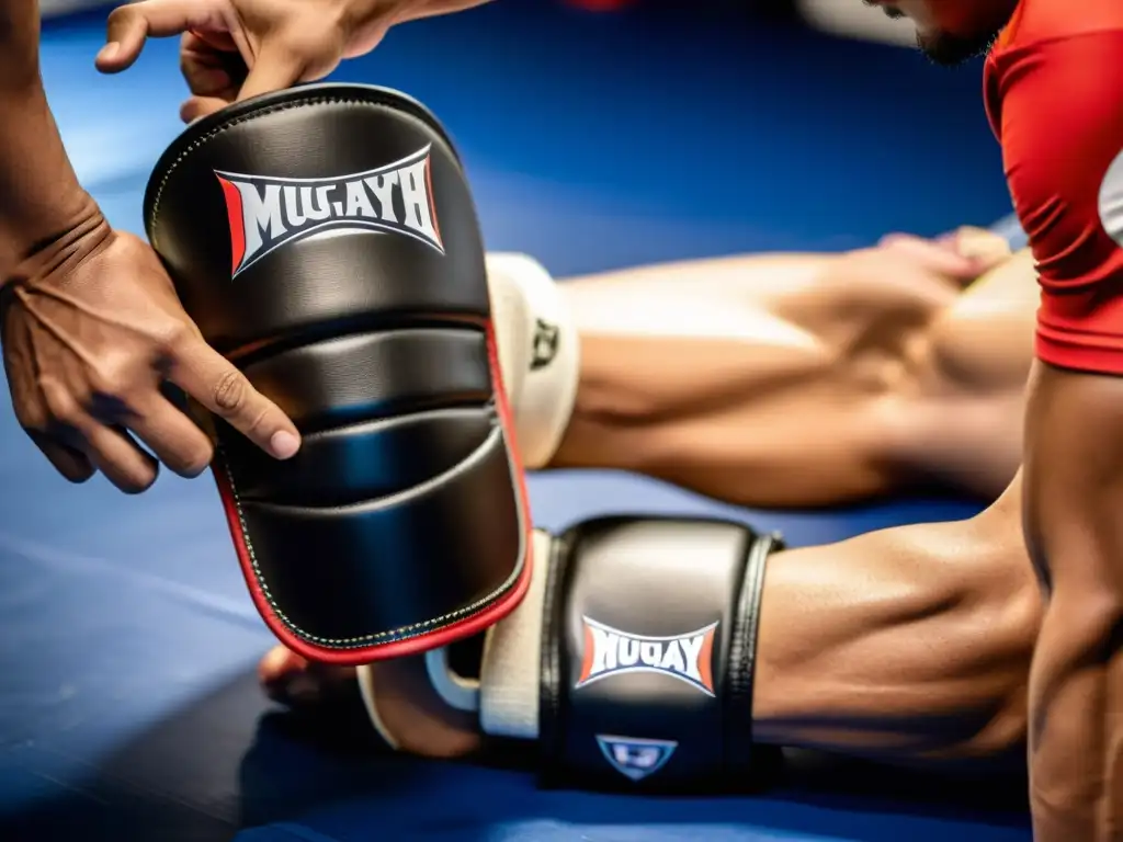 Un luchador de Muay Thai inspecciona detalladamente los mejores shin guards para Muay Thai, mostrando su calidad y durabilidad