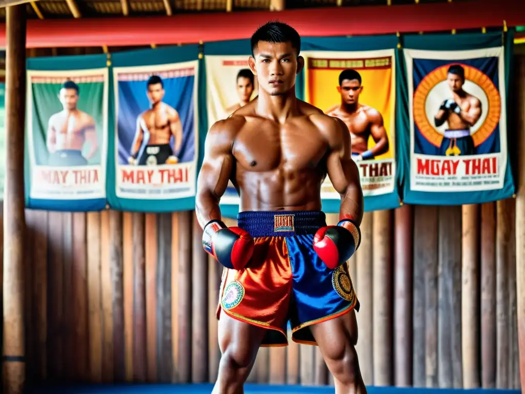 Un luchador de Muay Thai practica sus movimientos en un campamento histórico, usando los mejores shorts de Muay Thai tradicional