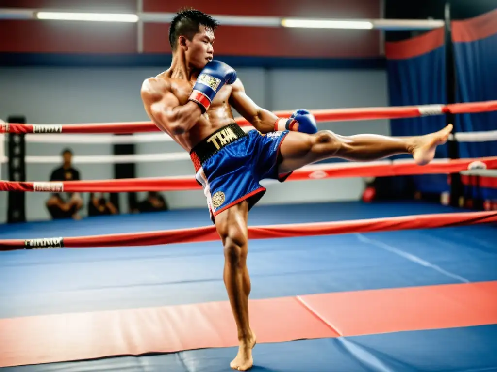 Un luchador de Muay Thai ejecuta una patada alta, mostrando la intensidad y el riesgo de lesiones comunes en el deporte