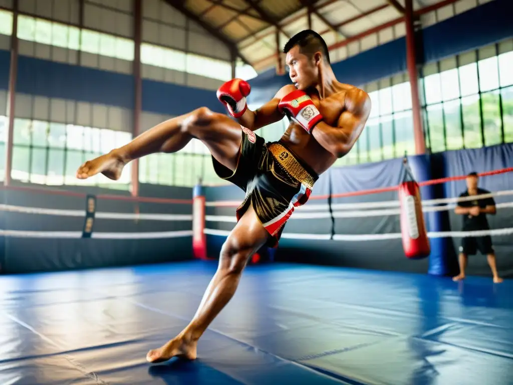 Un luchador de Muay Thai ejecuta una patada con fuerza en un campamento tailandés