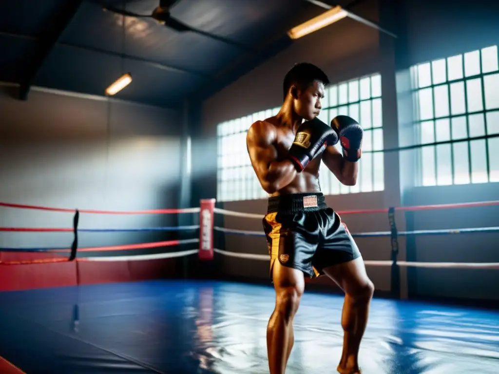 Un luchador de Muay Thai realiza una patada intensa en un gimnasio, con músculos tensos y brillantes por el sudor