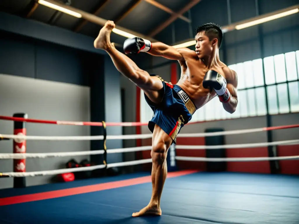 Un luchador de Muay Thai ejecuta una patada circular con precisión biomecánica, mostrando determinación y enfoque