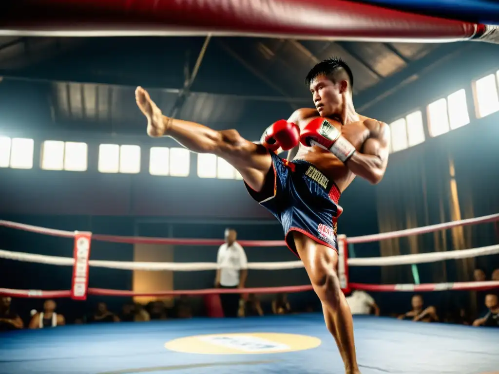 Un luchador de Muay Thai ejecuta una patada redonda potente, con músculos tensos y sudor volando, en un gimnasio de Muay Thai