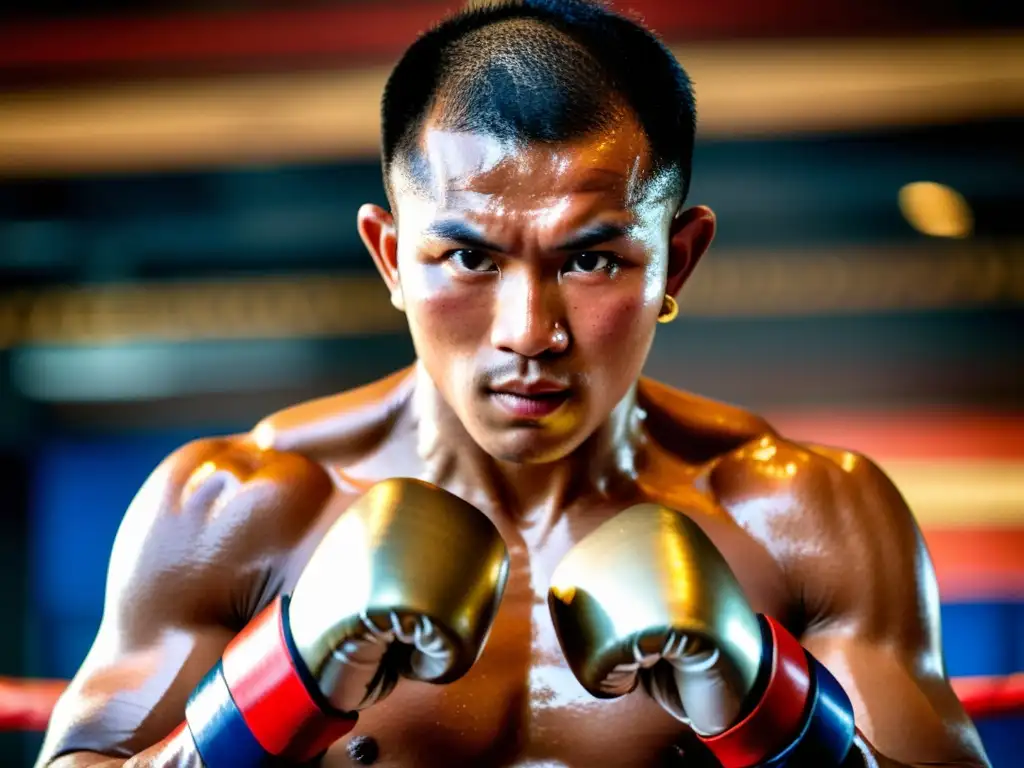 Un luchador de Muay Thai ejecuta una poderosa patada, destacando las técnicas de respiración en Muay Thai y la intensidad del arte marcial