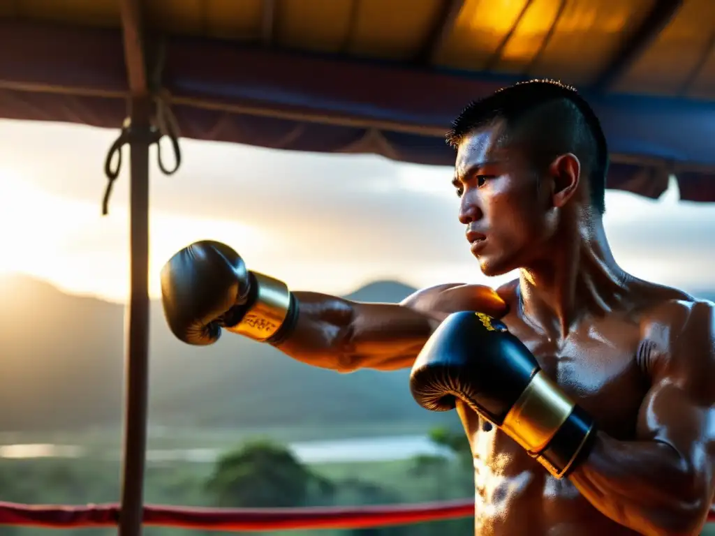 Un luchador de Muay Thai ejecuta una poderosa técnica en un campamento tradicional al atardecer