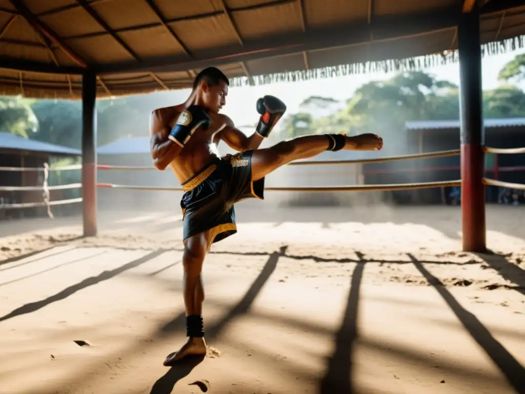 Un luchador de Muay Thai ejecuta un poderoso golpe al amanecer, mostrando la determinación requerida en esta disciplina