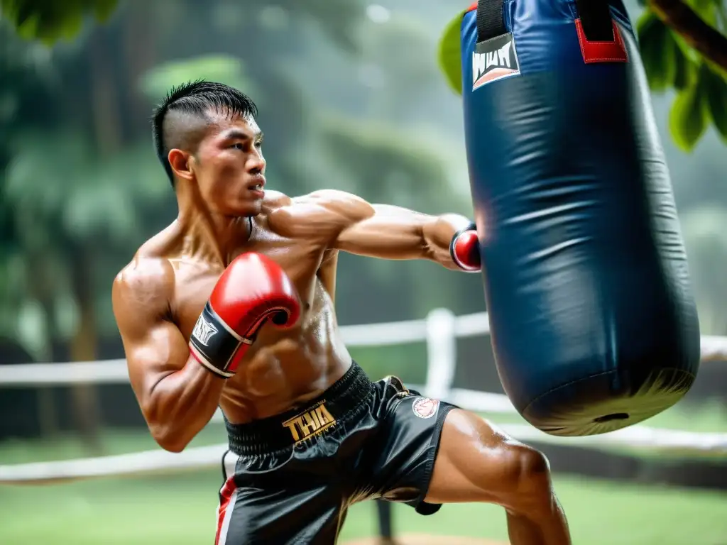 Un luchador de Muay Thai ejecuta un poderoso roundhouse kick en un campamento tradicional tailandés, mostrando determinación y fuerza