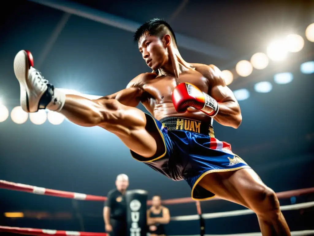 Un luchador de Muay Thai ejecuta una potente patada circular con biomecánica y técnica Muay Thai, demostrando gracia y determinación