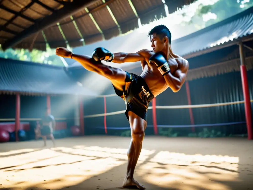 Un luchador de Muay Thai ejecuta una potente patada circular en un campamento tradicional tailandés, irradiando determinación y fuerza