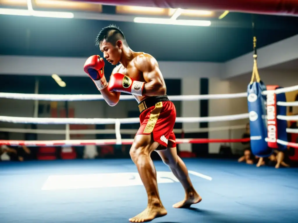 Un luchador de Muay Thai ejecuta un potente roundhouse kick en un gimnasio bullicioso