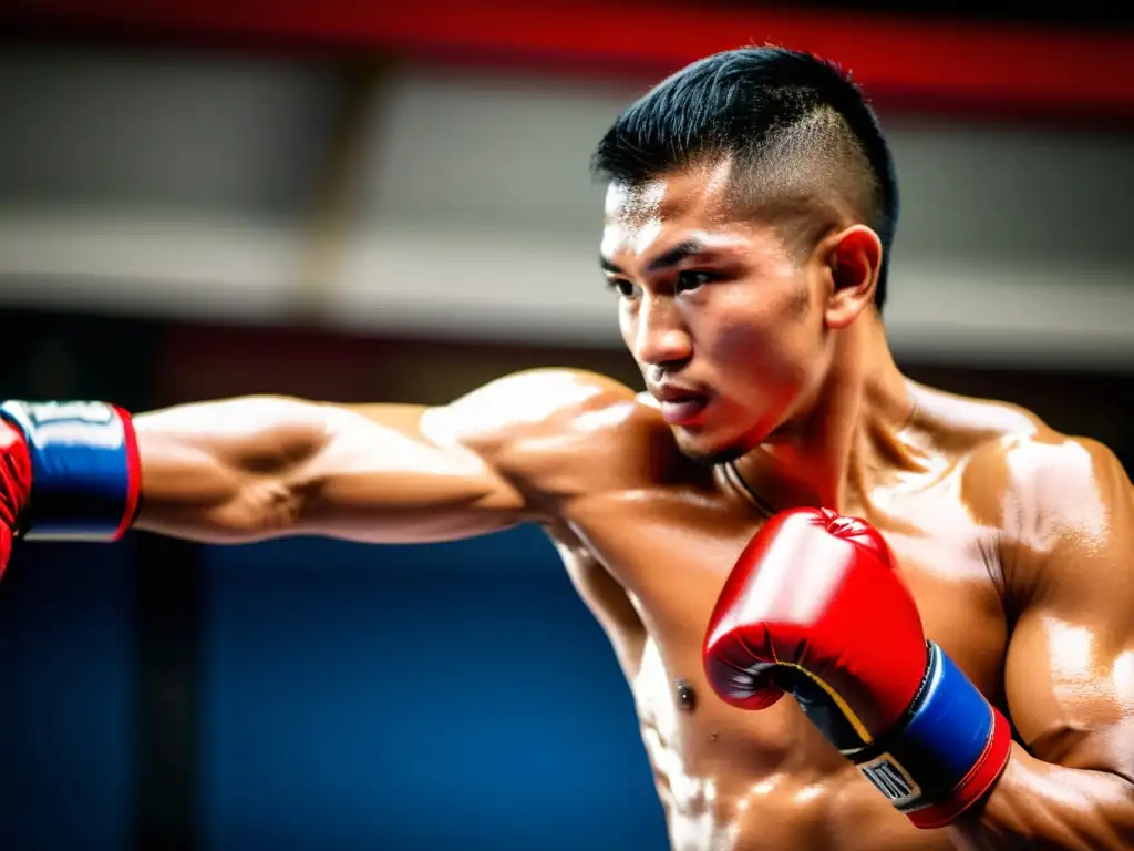 Un luchador de Muay Thai ejecuta una precisa y potente técnica de codo en un pad de entrenamiento, mostrando intensidad y determinación en sus ojos