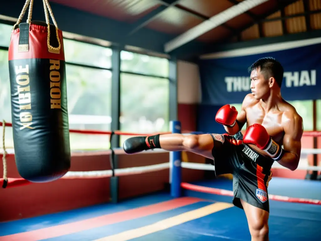 Un luchador de Muay Thai profesional realiza una potente patada en un gimnasio tradicional tailandés