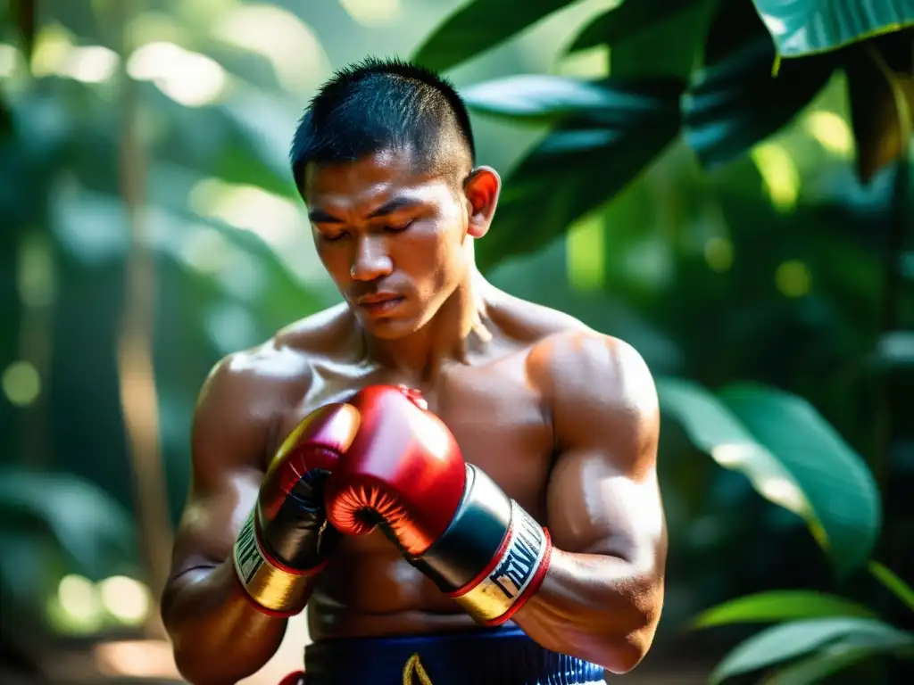 Un luchador de Muay Thai en profunda concentración en la belleza serena de la jungla tailandesa, transmitiendo preparación mental para Muay Thai