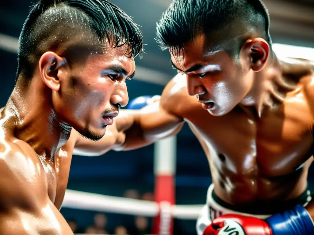 Un luchador de Muay Thai en acción, mostrando su técnica y fuerza en un intenso combate