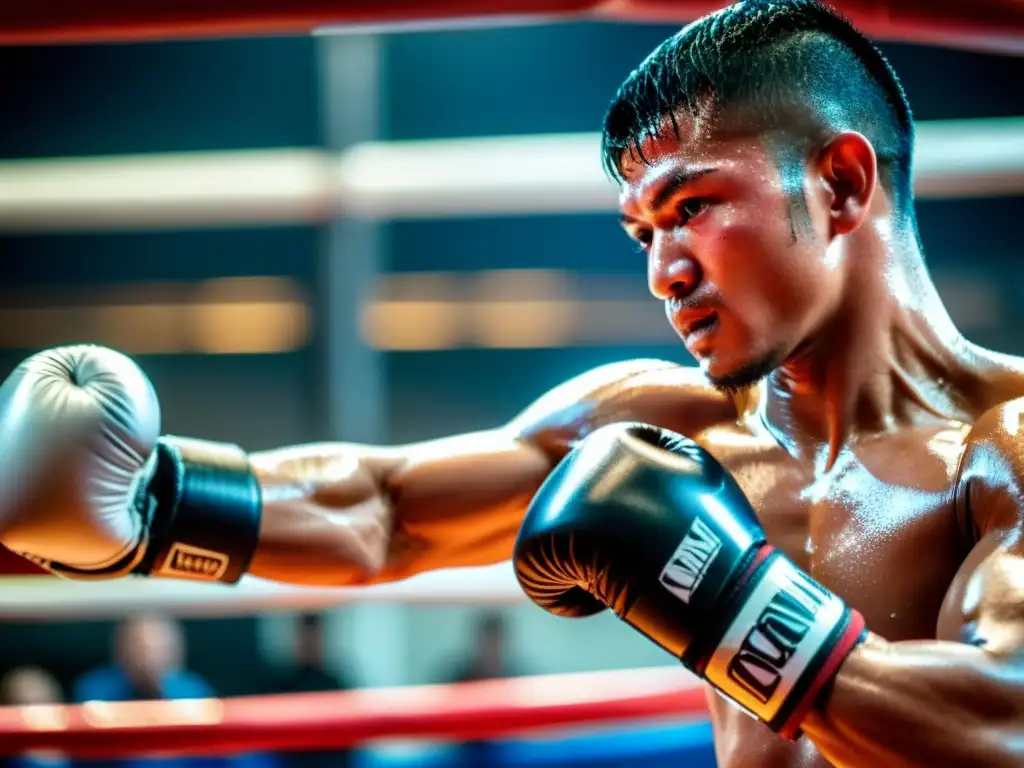 Un luchador de Muay Thai ejecuta una técnica de golpeo con codos y rodillas con determinación en su mirada, en un gimnasio tradicional de Muay Thai