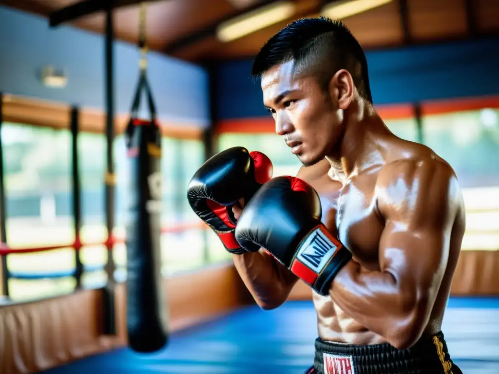 Un luchador de Muay Thai con tecnología lleva a cabo un poderoso golpe en un gimnasio tradicional al aire libre, fusionando tradición y tecnología