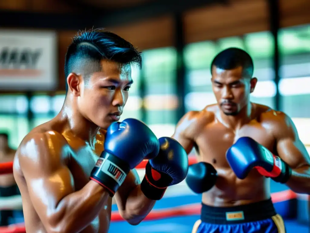 Un luchador de Muay Thai entrena con tecnología wearable en un gimnasio tradicional, fusionando tecnología y tradición en su preparación