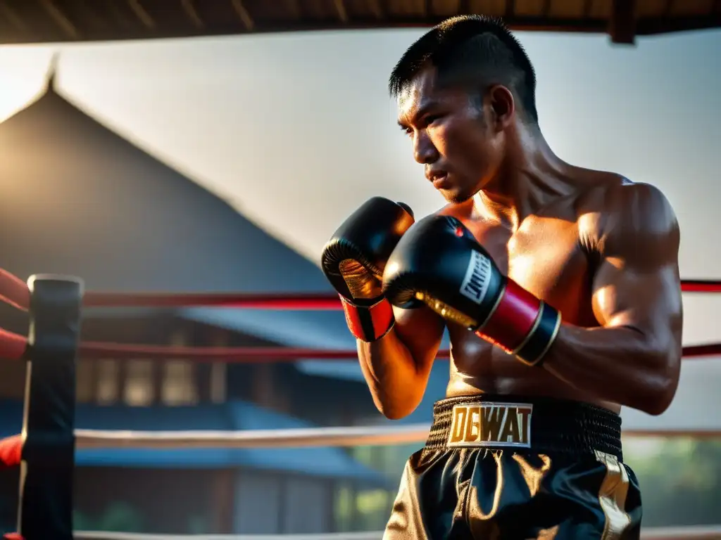 Un luchador de Muay Thai se concentra en un campamento tradicional al amanecer, practicando técnicas de golpeo con codos y rodillas con precisión