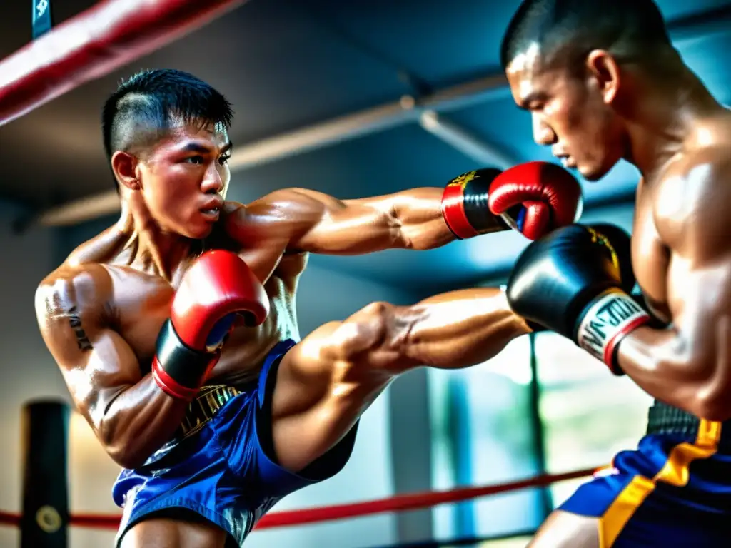 Un luchador de Muay Thai ejecuta combinaciones avanzadas con intensa determinación y enfoque, destacando su destreza física y habilidades