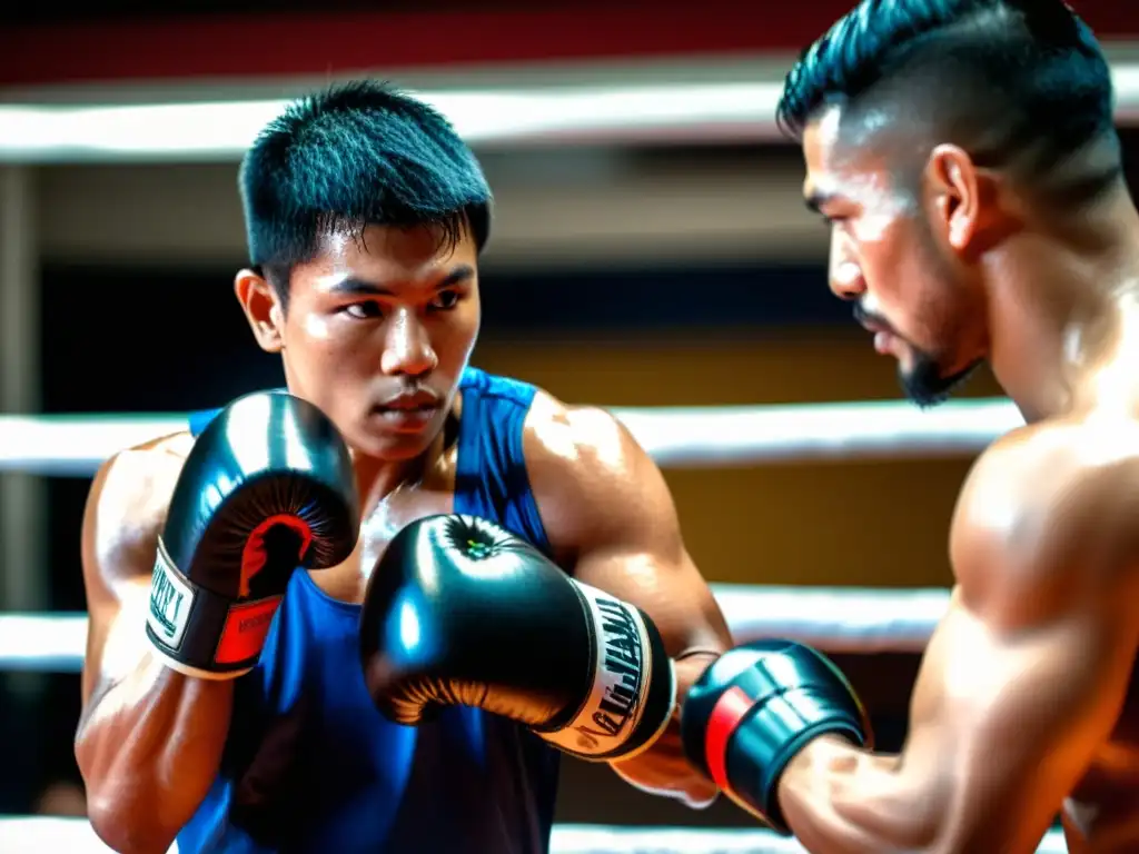 Un luchador de Muay Thai concentrado en su entrenamiento con los mejores focos y paos de entrenamiento, mostrando su determinación y energía