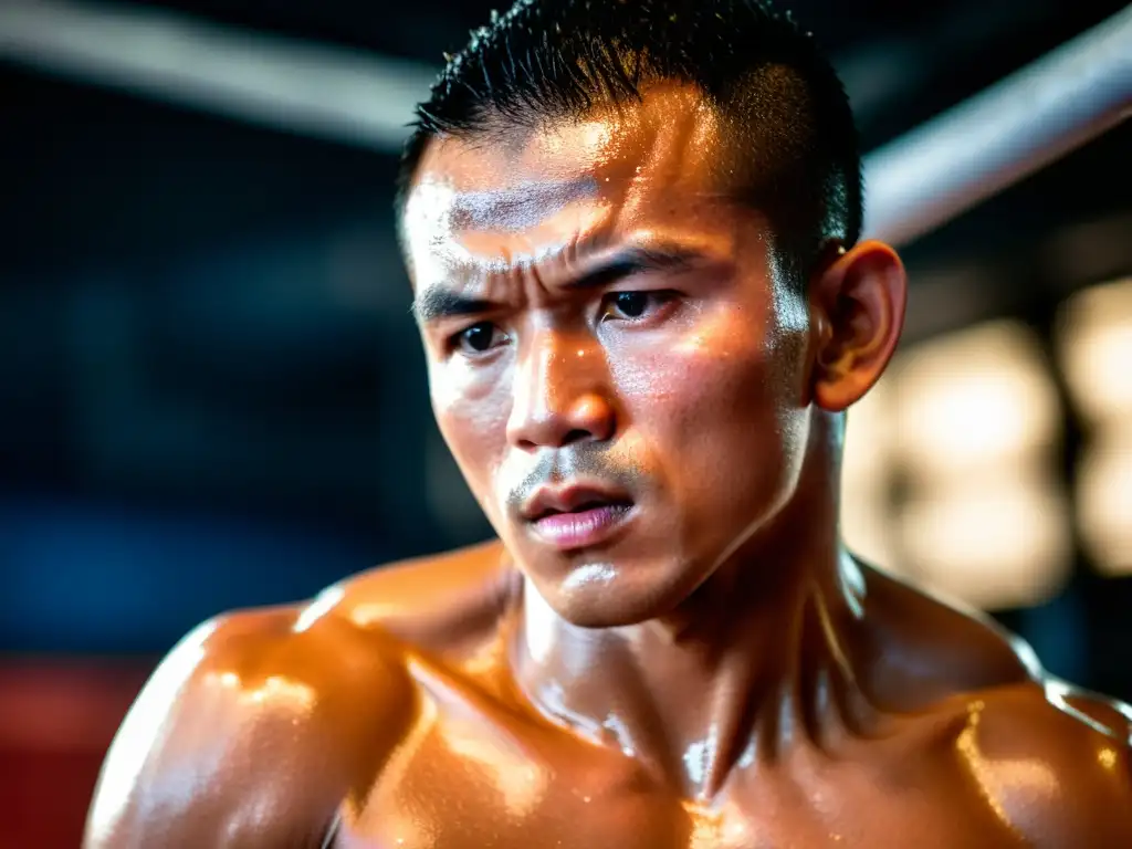 Un luchador de Muay Thai concentrado, con técnicas de respiración en Muay Thai, rodeado de un gimnasio oscuro y auténtico