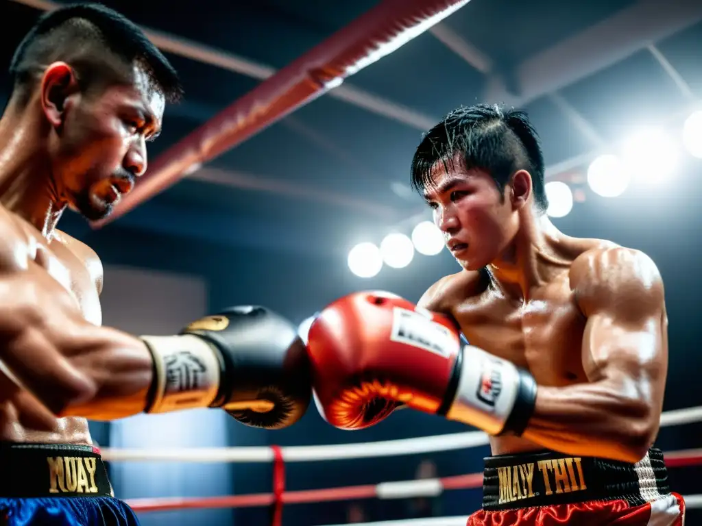 Un luchador de Muay Thai concentrado, entrenando con los mejores focos y paos de entrenamiento, mientras su coach observa con experticia