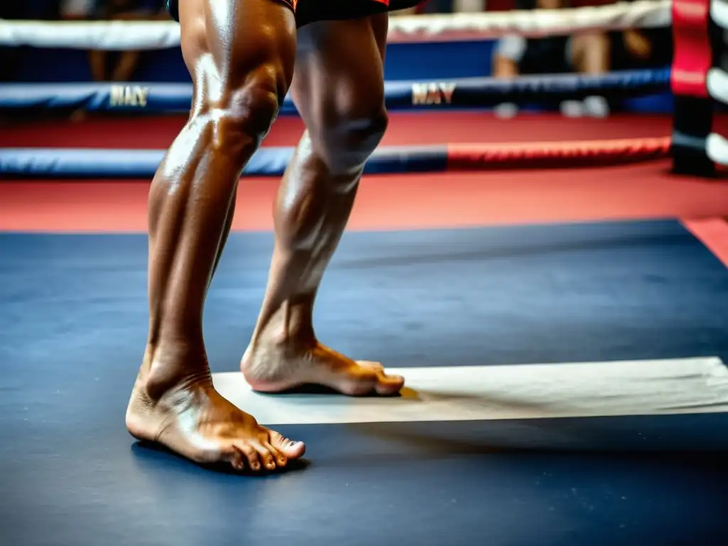 Un luchador de Muay Thai ejecuta desplazamientos con precisión, mostrando concentración y fuerza en sus piernas, con músculos tensos y sudor brillante